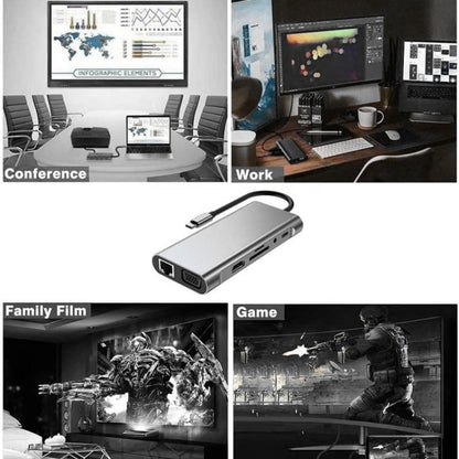 USB C HUB, USB C Adapter 11 in 1 Dongle with 4K HDMI, VGA, Type C PD, USB3.0, RJ45 Ethernet, SD/TF Card Reader, 3.5mm AUX, Docking Station Compatible with MacBook Pro/Air, Other Type C Laptops Devices - Adapter by PMC Jewellery | Online Shopping South Africa | PMC Jewellery | Buy Now Pay Later Mobicred