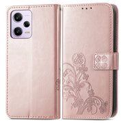 For Xiaomi Redmi Note 12 5G Global Four-leaf Clasp Embossed Buckle Leather Phone Case(Rose Gold)