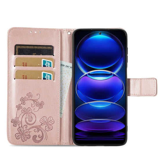 For Xiaomi Redmi Note 12 5G Global Four-leaf Clasp Embossed Buckle Leather Phone Case(Rose Gold)
