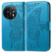 For OnePlus 11 Butterfly Love Flower Embossed Flip Leather Phone Case(Blue)