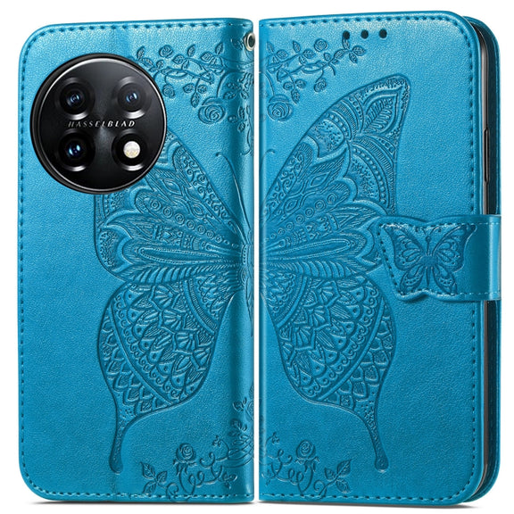 For OnePlus 11 Butterfly Love Flower Embossed Flip Leather Phone Case(Blue)