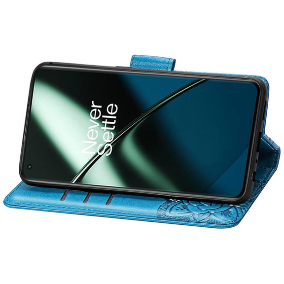 For OnePlus 11 Butterfly Love Flower Embossed Flip Leather Phone Case(Blue)