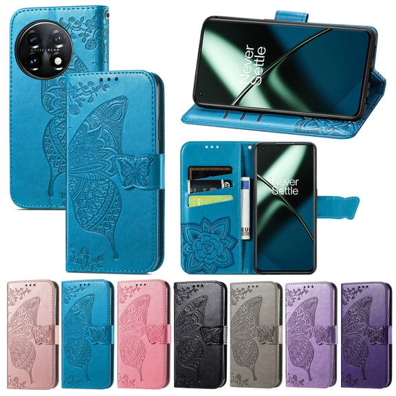 For OnePlus 11 Butterfly Love Flower Embossed Flip Leather Phone Case(Blue)