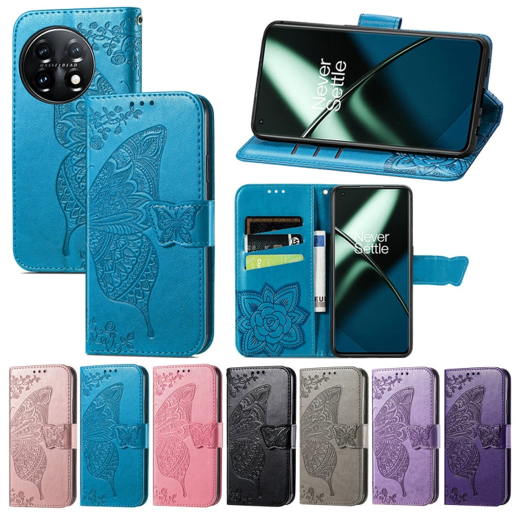 For OnePlus 11 Butterfly Love Flower Embossed Flip Leather Phone Case(Blue)
