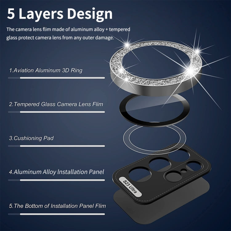 For Samsung Galaxy S23 5G / S23+ 5G ENKAY 9H Rear Camera Lens Glitter Aluminium Alloy Ring Tempered Glass Film(Black)