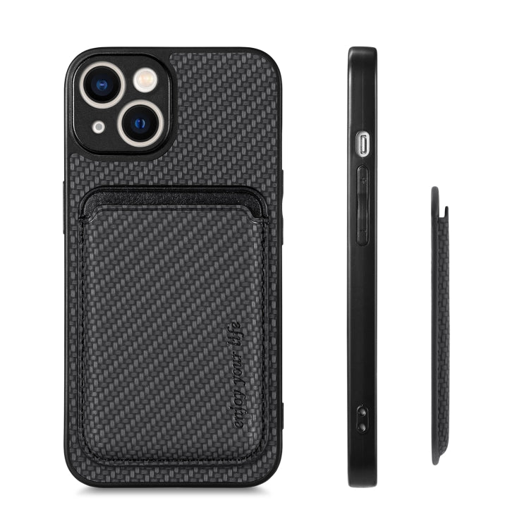 For iPhone 13 mini Carbon Fiber Leather Card Magsafe Magnetic Phone Case(Black)