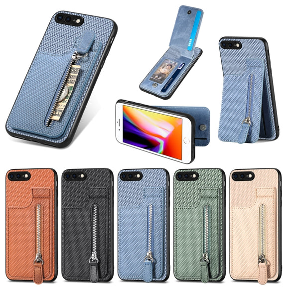 For iPhone SE 2022 / 2020 / 7 / 8 Carbon Fiber Vertical Flip Zipper Phone Case(Blue)