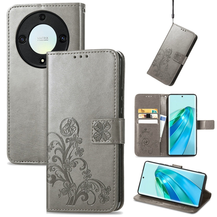 For Honor Magic5 Lite Four-leaf Clasp Embossed Buckle Leather Phone Case(Gray) - free shipping - PMC TechLife - Order now!