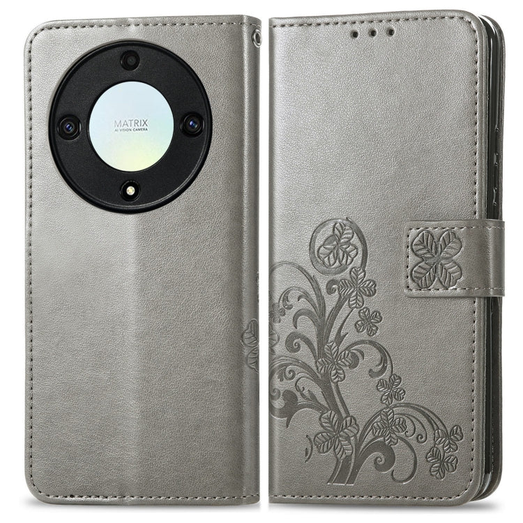 For Honor Magic5 Lite Four-leaf Clasp Embossed Buckle Leather Phone Case(Gray) - free shipping - PMC TechLife - Order now!