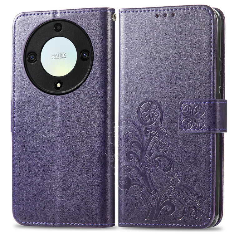 For Honor Magic5 Lite Four-leaf Clasp Embossed Buckle Leather Phone Case(Purple) - free shipping - PMC TechLife - Order now!