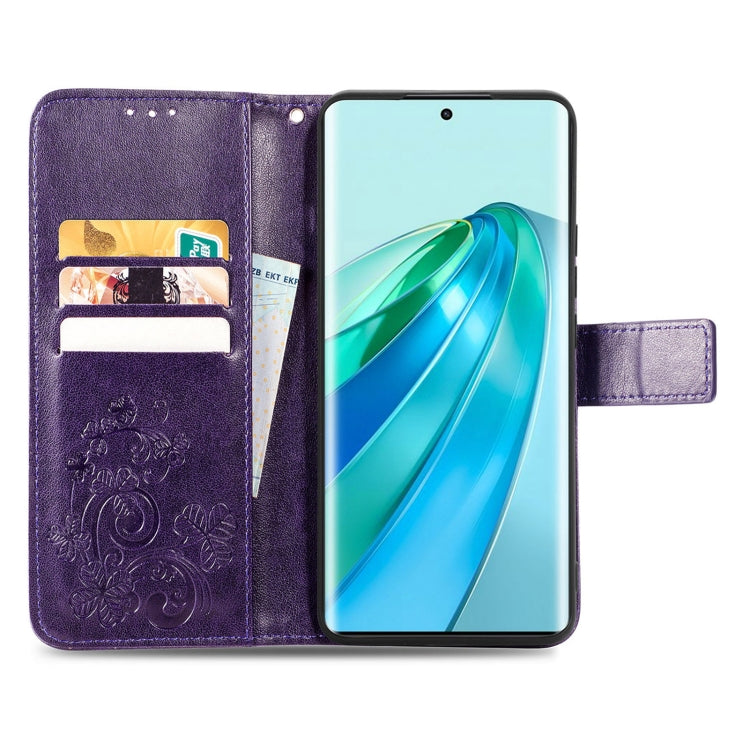 For Honor Magic5 Lite Four-leaf Clasp Embossed Buckle Leather Phone Case(Purple) - free shipping - PMC TechLife - Order now!