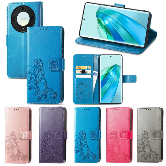 For Honor Magic5 Lite Four-leaf Clasp Embossed Buckle Leather Phone Case(Purple)