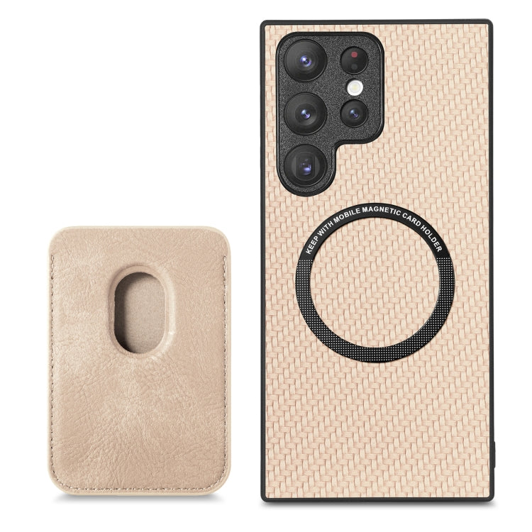 For Samsung Galaxy S22 5G Carbon Fiber Leather Card Magsafe Magnetic Phone Case(Khaki)