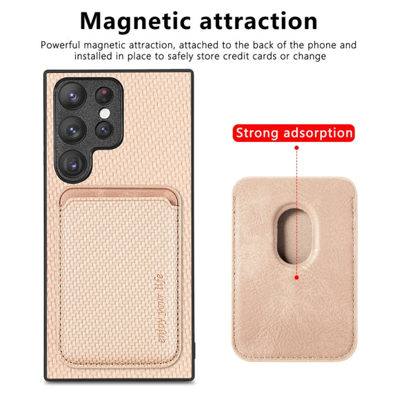For Samsung Galaxy S22 5G Carbon Fiber Leather Card Magsafe Magnetic Phone Case(Khaki)