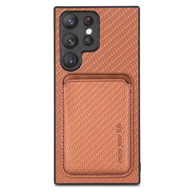 For Samsung Galaxy S22 Ultra 5G Carbon Fiber Leather Card Magsafe Magnetic Phone Case(Brown) - Galaxy S22 Ultra 5G Cases by PMC TechLife | Online Shopping South Africa | PMC TechLife