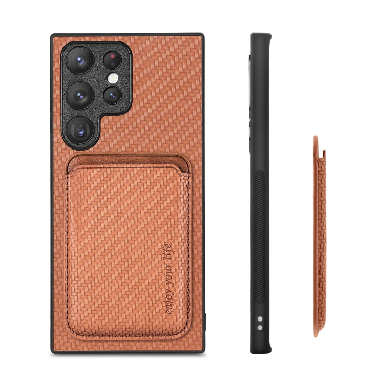 For Samsung Galaxy S22 Ultra 5G Carbon Fiber Leather Card Magsafe Magnetic Phone Case(Brown) - Galaxy S22 Ultra 5G Cases by PMC TechLife | Online Shopping South Africa | PMC TechLife