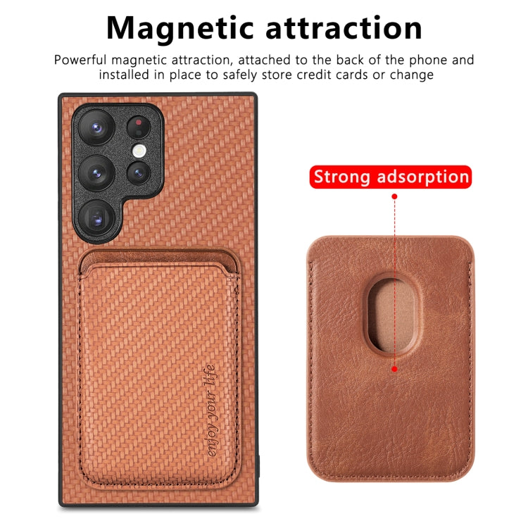 For Samsung Galaxy S22 Ultra 5G Carbon Fiber Leather Card Magsafe Magnetic Phone Case(Brown) - Galaxy S22 Ultra 5G Cases by PMC TechLife | Online Shopping South Africa | PMC TechLife