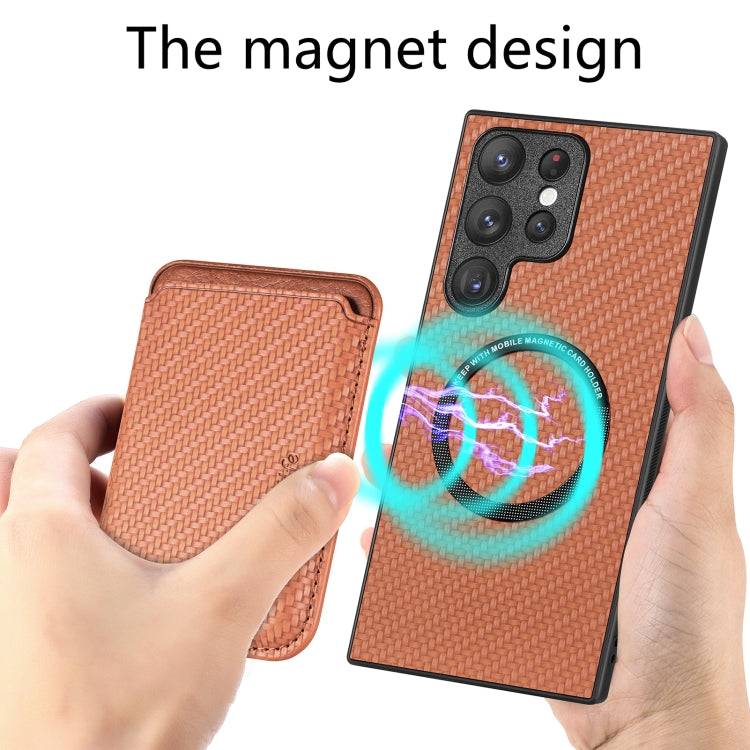 For Samsung Galaxy S22 Ultra 5G Carbon Fiber Leather Card Magsafe Magnetic Phone Case(Brown) - Galaxy S22 Ultra 5G Cases by PMC TechLife | Online Shopping South Africa | PMC TechLife