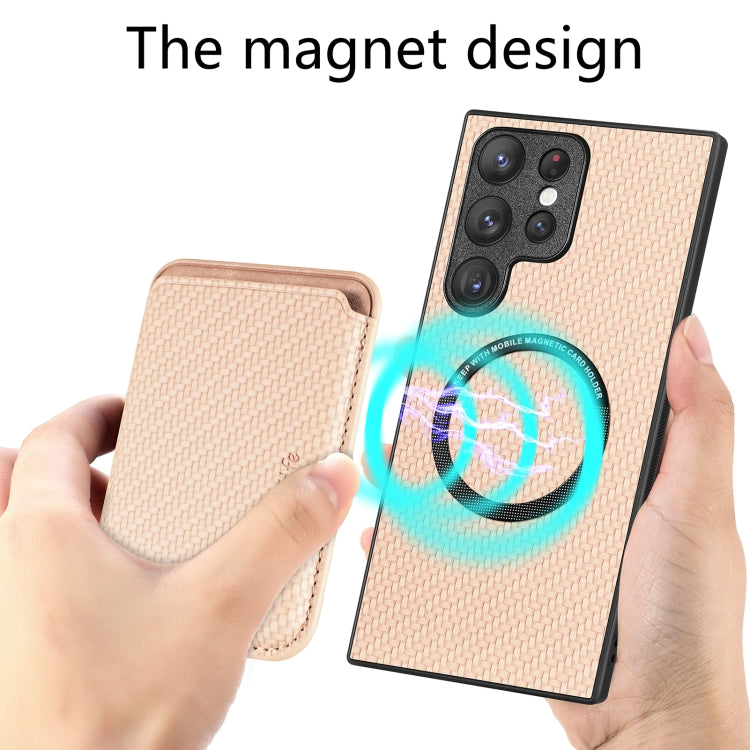 For Samsung Galaxy S22 Ultra 5G Carbon Fiber Leather Card Magsafe Magnetic Phone Case(Khaki) - free shipping - PMC TechLife - Order now!