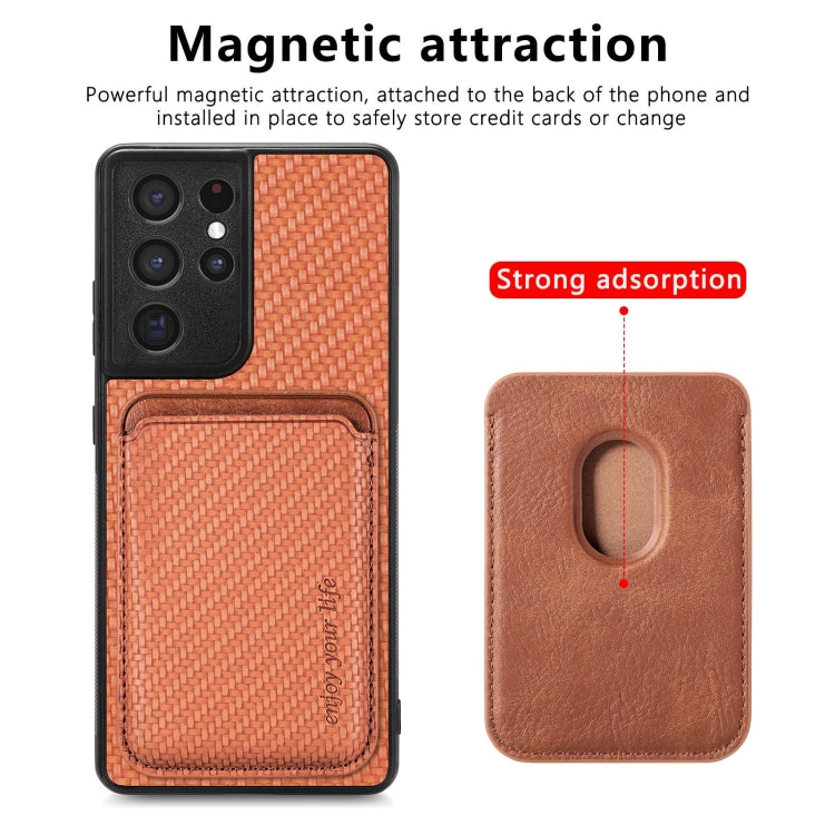 For Samsung Galaxy S21 Ultra 5G Carbon Fiber Leather Card Magsafe Magnetic Phone Case(Brown) - Galaxy S21 Ultra 5G Cases by PMC TechLife | Online Shopping South Africa | PMC TechLife | Buy Now Pay Later Mobicred