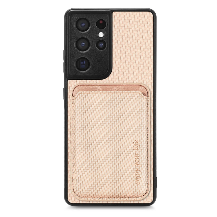 For Samsung Galaxy S21 Ultra 5G Carbon Fiber Leather Card Magsafe Magnetic Phone Case(Khaki) - Galaxy S21 Ultra 5G Cases by PMC TechLife | Online Shopping South Africa | PMC TechLife