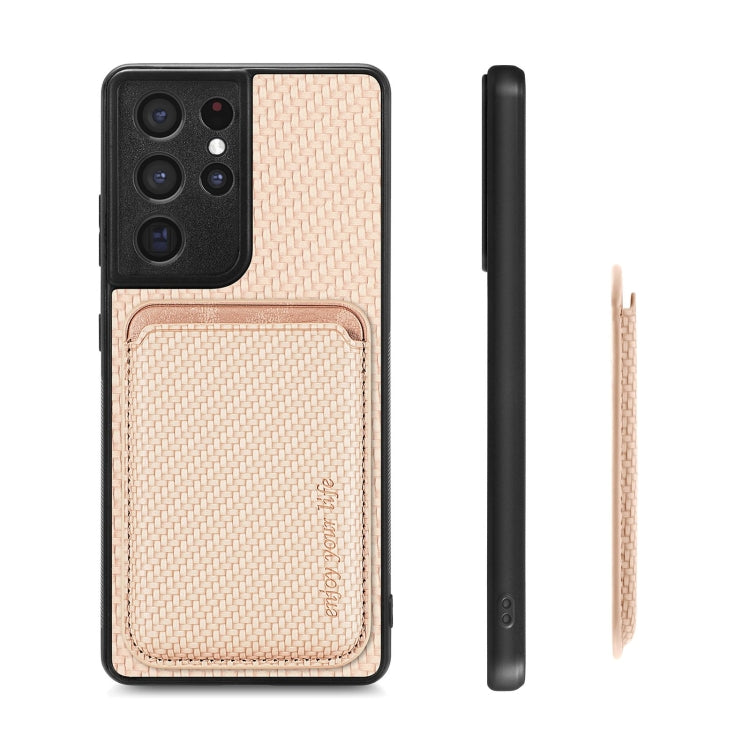 For Samsung Galaxy S21 Ultra 5G Carbon Fiber Leather Card Magsafe Magnetic Phone Case(Khaki) - Galaxy S21 Ultra 5G Cases by PMC TechLife | Online Shopping South Africa | PMC TechLife