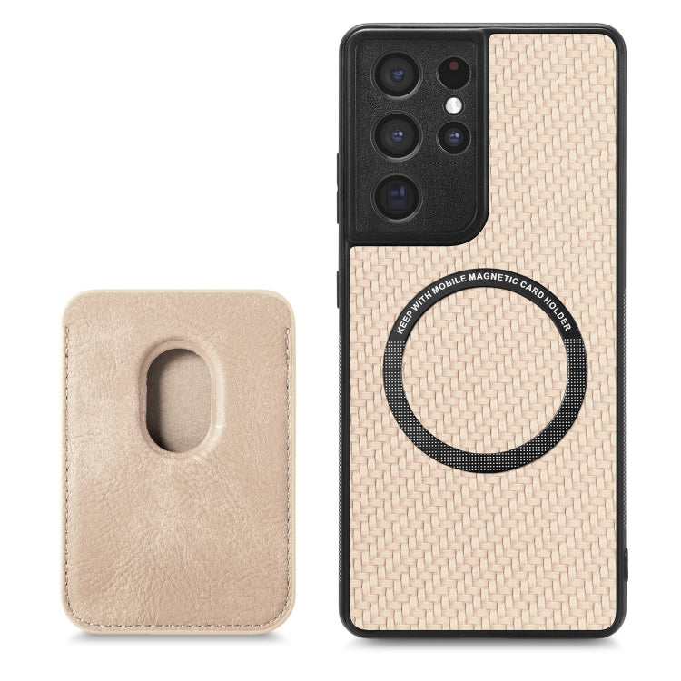 For Samsung Galaxy S21 Ultra 5G Carbon Fiber Leather Card Magsafe Magnetic Phone Case(Khaki) - Galaxy S21 Ultra 5G Cases by PMC TechLife | Online Shopping South Africa | PMC TechLife