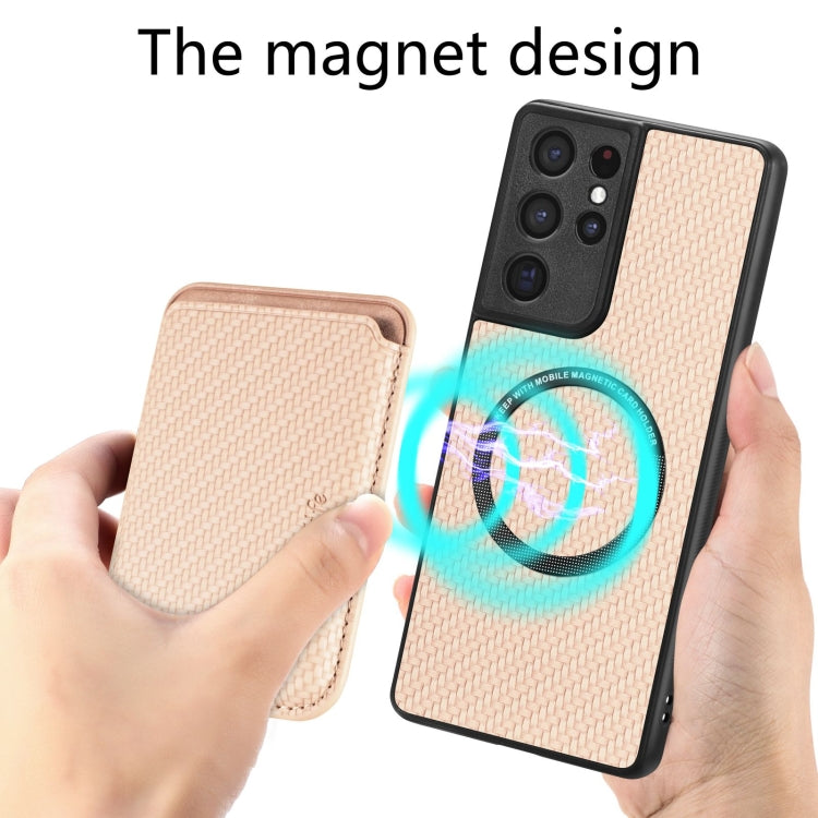 For Samsung Galaxy S21 Ultra 5G Carbon Fiber Leather Card Magsafe Magnetic Phone Case(Khaki) - Galaxy S21 Ultra 5G Cases by PMC TechLife | Online Shopping South Africa | PMC TechLife