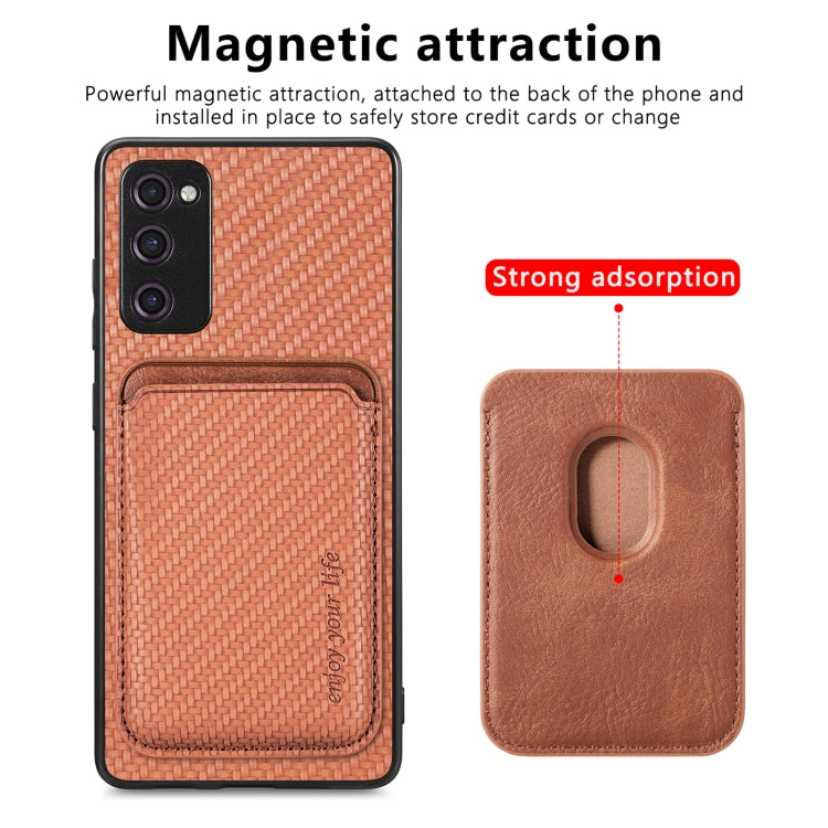 For Samsung Galaxy S21 FE 5G Carbon Fiber Leather Card Magsafe Magnetic Phone Case(Brown) - Galaxy Phone Cases by PMC TechLife | Online Shopping South Africa | PMC TechLife