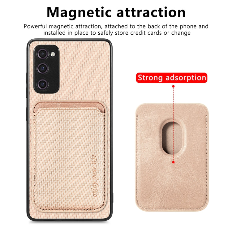 For Samsung Galaxy S21 FE 5G Carbon Fiber Leather Card Magsafe Magnetic Phone Case(Khaki) - Galaxy Phone Cases by PMC TechLife | Online Shopping South Africa | PMC TechLife