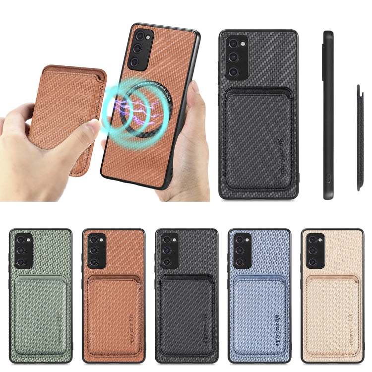 For Samsung Galaxy S21 FE 5G Carbon Fiber Leather Card Magsafe Magnetic Phone Case(Khaki)