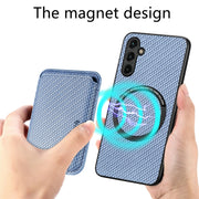 For Samsung Galaxy A14 5G Carbon Fiber Leather Card Magsafe Magnetic Phone Case(Blue)