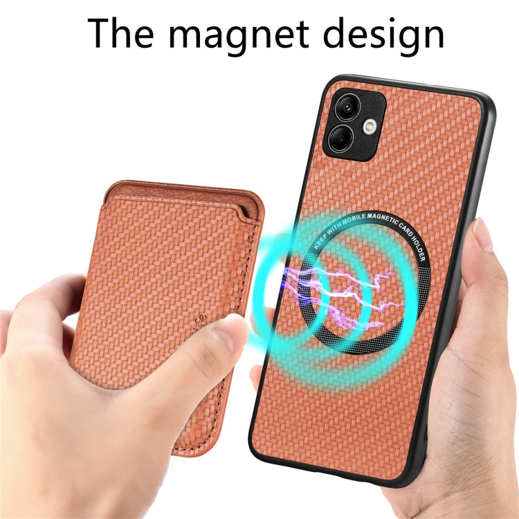 For Samsung Galaxy A04 4G Carbon Fiber Leather Card Magsafe Magnetic Phone Case(Brown) - Galaxy Phone Cases by PMC TechLife | Online Shopping South Africa | PMC TechLife | Buy Now Pay Later Mobicred