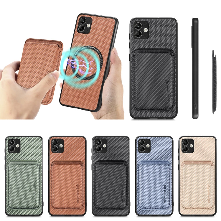 For Samsung Galaxy A04 4G Carbon Fiber Leather Card Magsafe Magnetic Phone Case(Khaki)