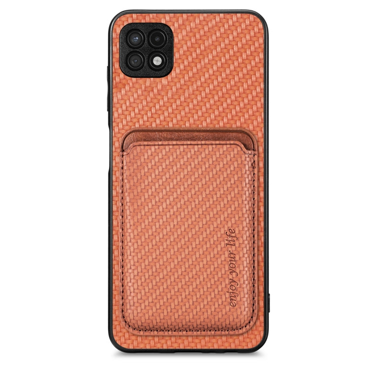 For Samsung Galaxy A22 5G Carbon Fiber Leather Card Magsafe Magnetic Phone Case(Brown) - Galaxy Phone Cases by PMC TechLife | Online Shopping South Africa | PMC TechLife
