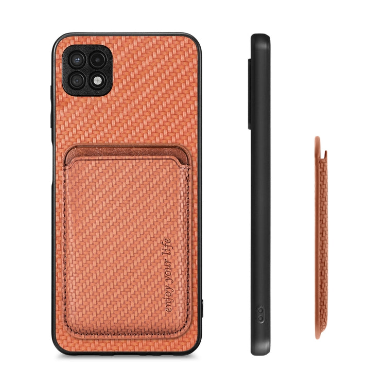 For Samsung Galaxy A22 5G Carbon Fiber Leather Card Magsafe Magnetic Phone Case(Brown) - Galaxy Phone Cases by PMC TechLife | Online Shopping South Africa | PMC TechLife