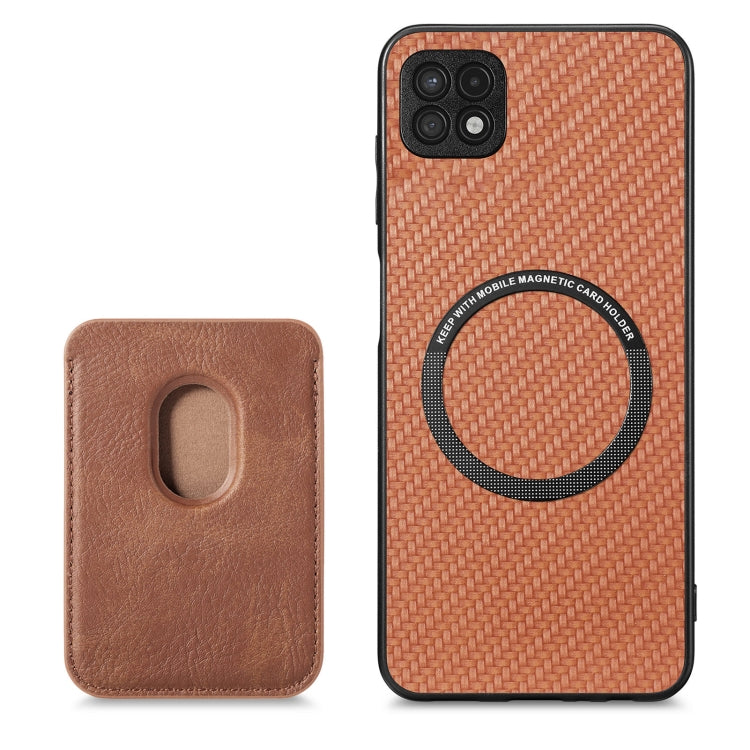 For Samsung Galaxy A22 5G Carbon Fiber Leather Card Magsafe Magnetic Phone Case(Brown) - Galaxy Phone Cases by PMC TechLife | Online Shopping South Africa | PMC TechLife