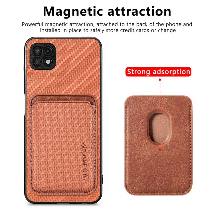For Samsung Galaxy A22 5G Carbon Fiber Leather Card Magsafe Magnetic Phone Case(Brown) - Galaxy Phone Cases by PMC TechLife | Online Shopping South Africa | PMC TechLife