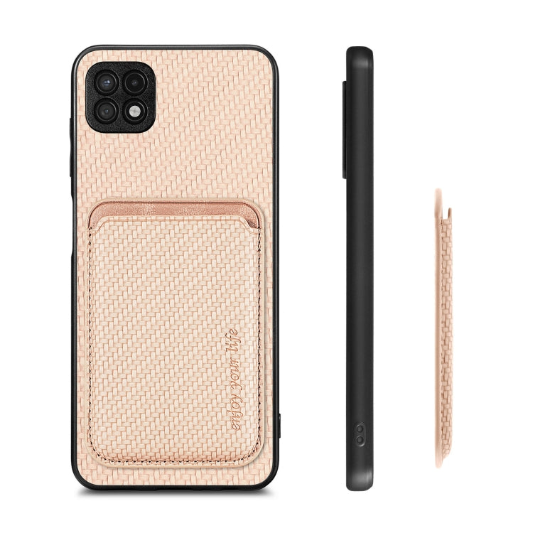 For Samsung Galaxy A22 5G Carbon Fiber Leather Card Magsafe Magnetic Phone Case(Khaki) - Galaxy Phone Cases by PMC TechLife | Online Shopping South Africa | PMC TechLife