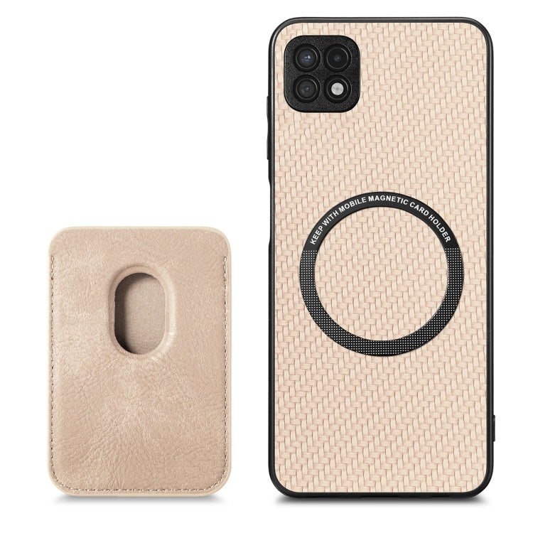 For Samsung Galaxy A22 5G Carbon Fiber Leather Card Magsafe Magnetic Phone Case(Khaki) - Galaxy Phone Cases by PMC TechLife | Online Shopping South Africa | PMC TechLife