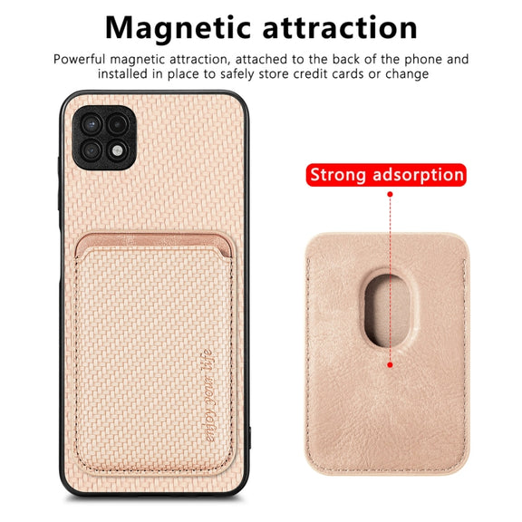 For Samsung Galaxy A22 5G Carbon Fiber Leather Card Magsafe Magnetic Phone Case(Khaki)