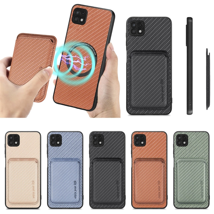 For Samsung Galaxy A22 5G Carbon Fiber Leather Card Magsafe Magnetic Phone Case(Khaki)