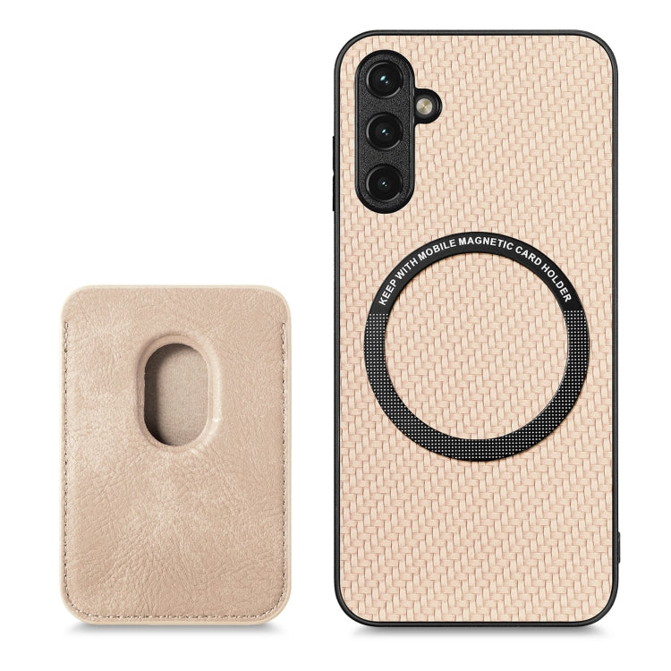 For Samsung Galaxy A34 5G Carbon Fiber Leather Card Magsafe Magnetic Phone Case(Khaki)