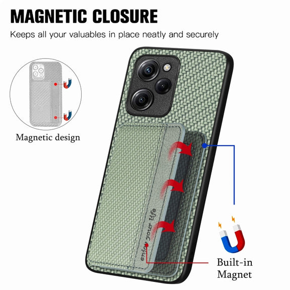 For Xiaomi Poco X5 Pro 5G Carbon Fiber Magnetic Card Wallet Bag Phone Case(Green)