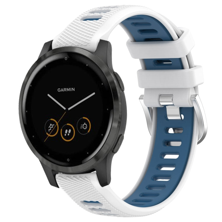 For Garmin Vivoactive 4S 18mm Sports Two-Color Steel Buckle Silicone Watch Band(White+Blue) - Smart Wear by PMC TechLife | Online Shopping South Africa | PMC TechLife