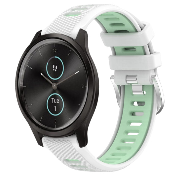 For Garmin VivoMove Style 20mm Sports Two-Color Steel Buckle Silicone Watch Band(White+Teal)