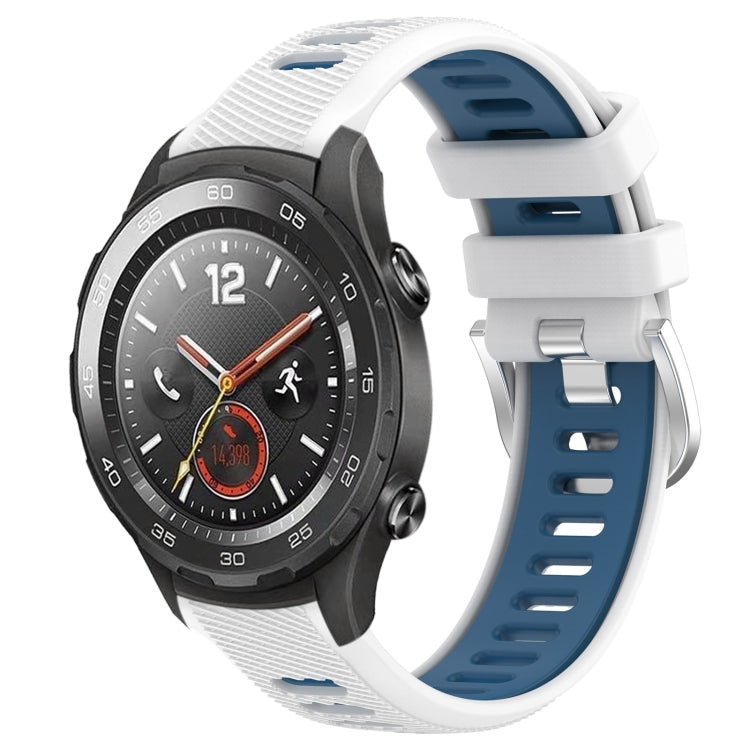 For Huawei Watch 2 20mm Sports Two-Color Steel Buckle Silicone Watch Band(White+Blue) - Smart Wear by PMC TechLife | Online Shopping South Africa | PMC TechLife