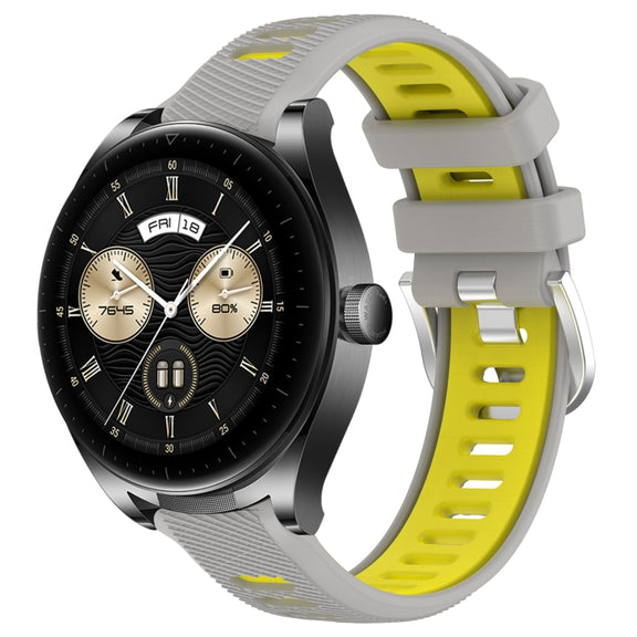 For Huawei Watch Buds 22mm Sports Two-Color Steel Buckle Silicone Watch Band(Grey+Yellow)