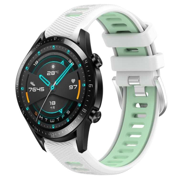For Huawei GT2 46mm 22mm Sports Two-Color Steel Buckle Silicone Watch Band(White+Teal) - Smart Wear by PMC TechLife | Online Shopping South Africa | PMC TechLife