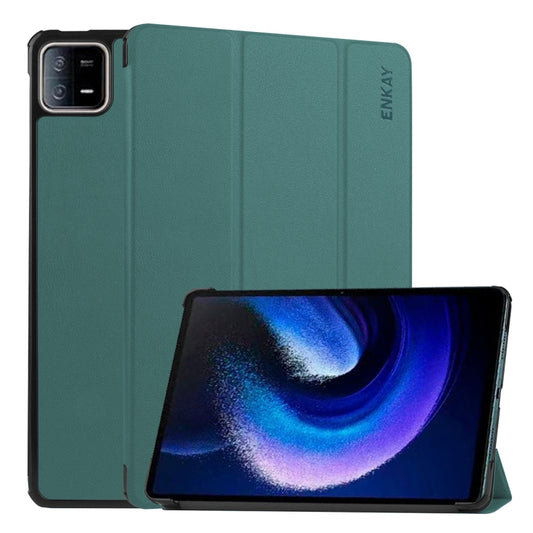 For Xiaomi Pad 6 / Pad 6 Pro ENKAY Tri-fold Custer Texture Leather Stand Smart Case(Dark Green) - free shipping - PMC Jewellery - Order now!